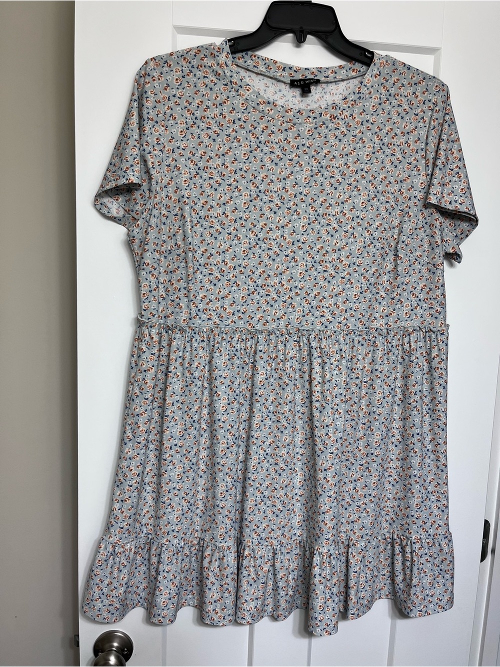 As U Wish Light Blue Floral Tiered Dress with Short Sleeves